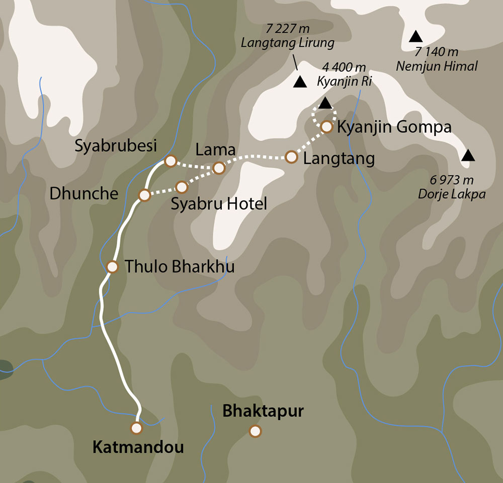 Carte du trek de la vallée du Langtang au népal