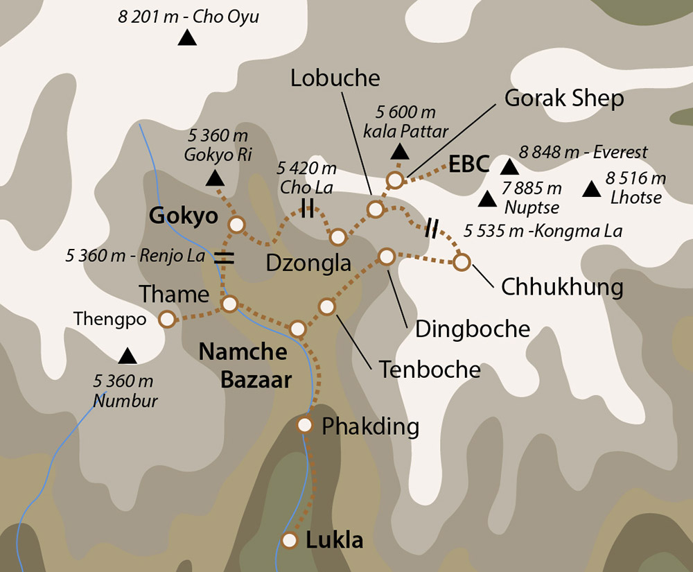 Carte du trek du camp de base de l'Everest par les hauts cols
