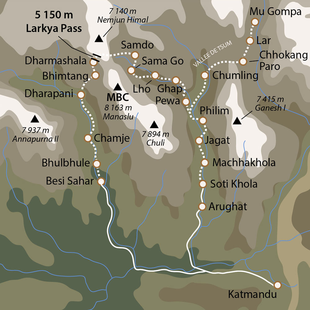 Carte du trek de la vallée de Tsum